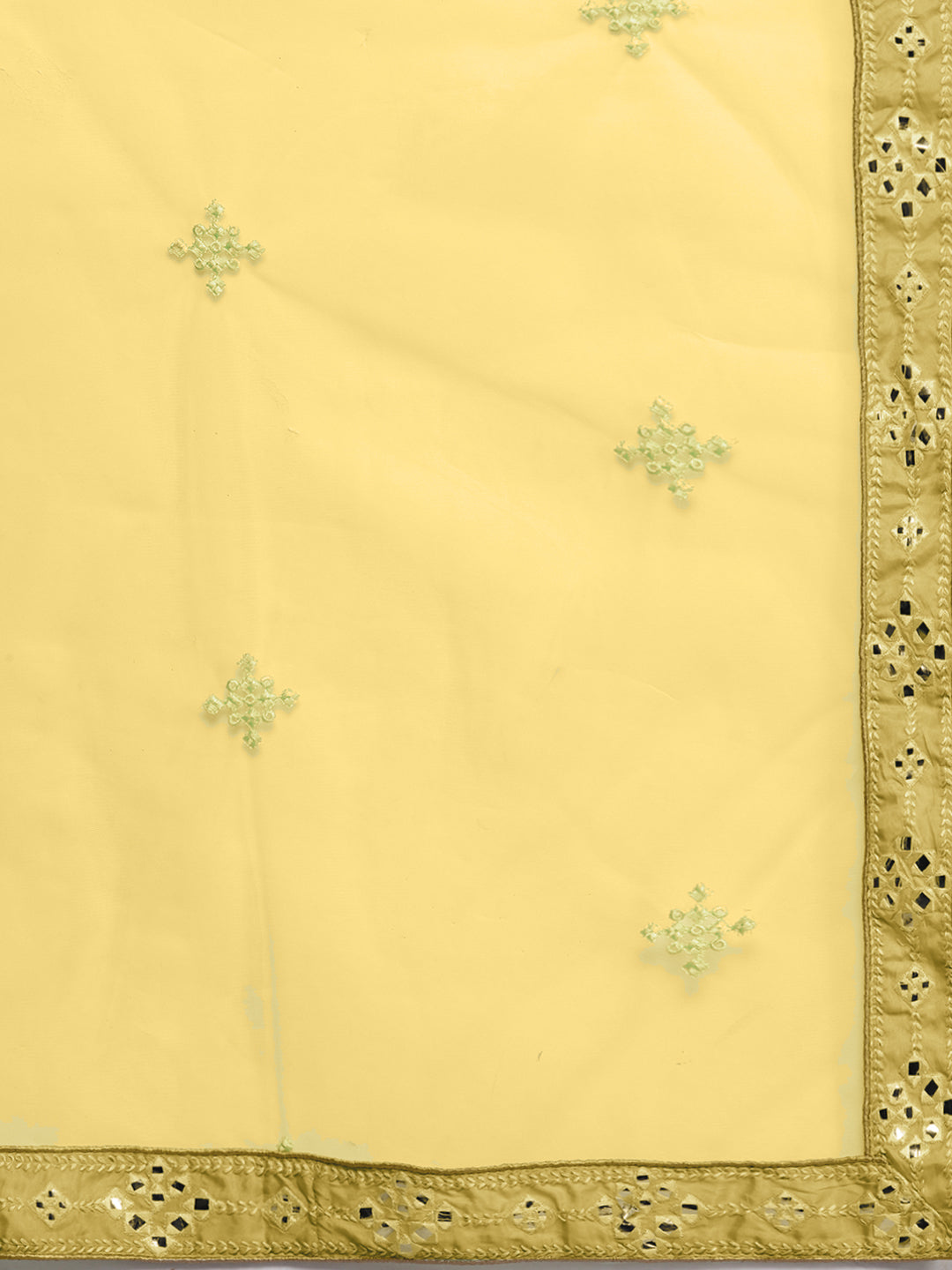 Semi Stitch Yellow Mirror Embellished Chevron Net Lehenga Choli Set