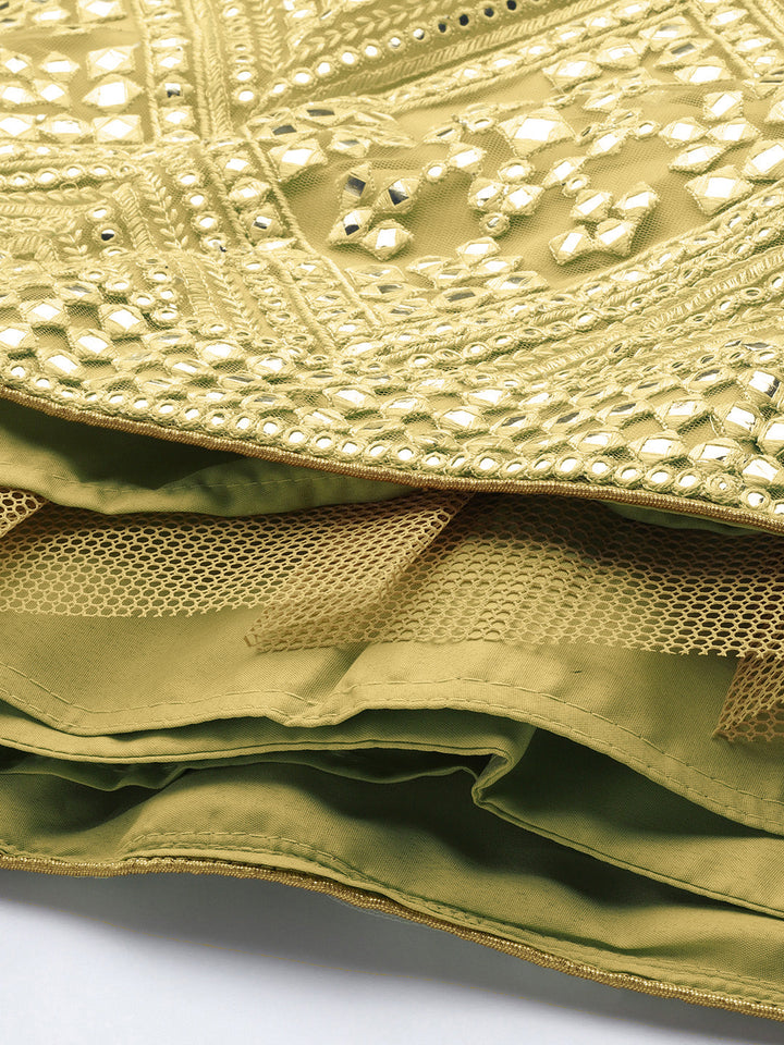 Semi Stitch Yellow Mirror Embellished Chevron Net Lehenga Choli Set