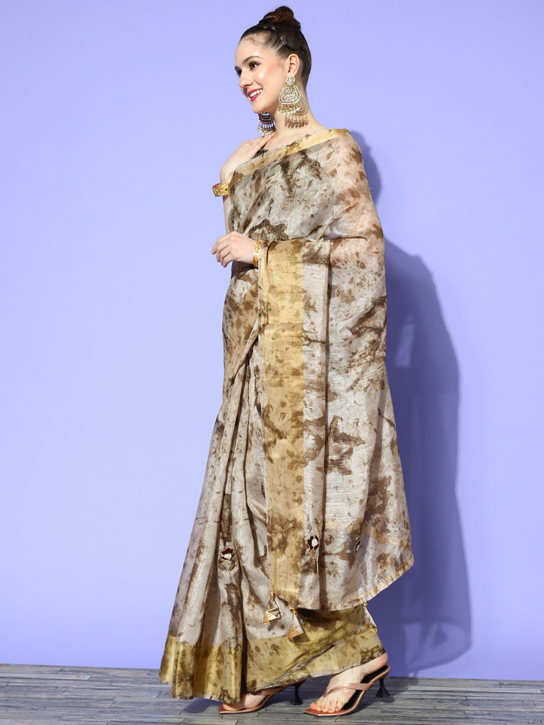 Tie & Dye Batik Prints & Gota-Patti, Resham Embroidered Saree