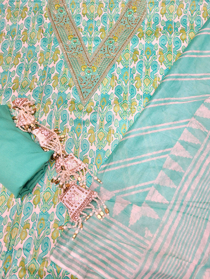Summer Pastel Suit Dupatta with Tropical Pattern and Zari Resham Embroidered Neck line