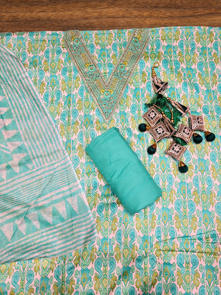 Summer Pastel Suit Dupatta with Tropical Pattern and Zari Resham Embroidered Neck line