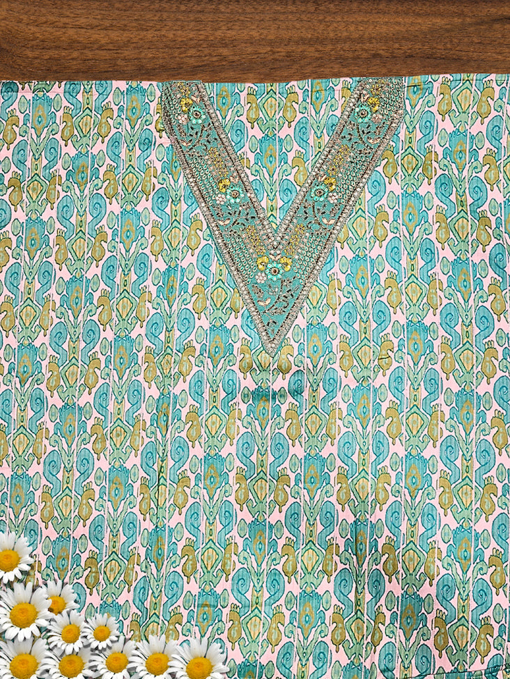 Summer Pastel Suit Dupatta with Tropical Pattern and Zari Resham Embroidered Neck line