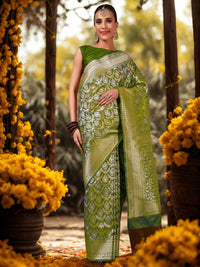 Traditional Banarasi Brocade Saree with Intricate Two-tone Gold Silver Zari woven Mughal Motifs