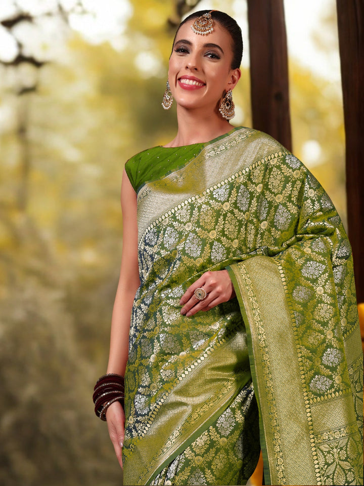 Traditional Banarasi Brocade Saree with Intricate Two-tone Gold Silver Zari woven Mughal Motifs