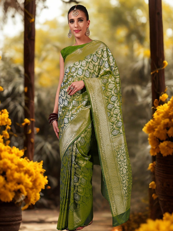 Traditional Banarasi Brocade Saree with Intricate Two-tone Gold Silver Zari woven Mughal Motifs