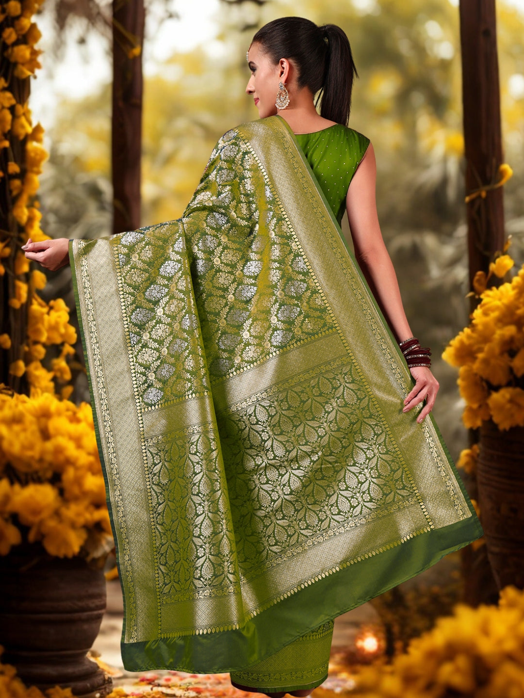 Traditional Banarasi Brocade Saree with Intricate Two-tone Gold Silver Zari woven Mughal Motifs