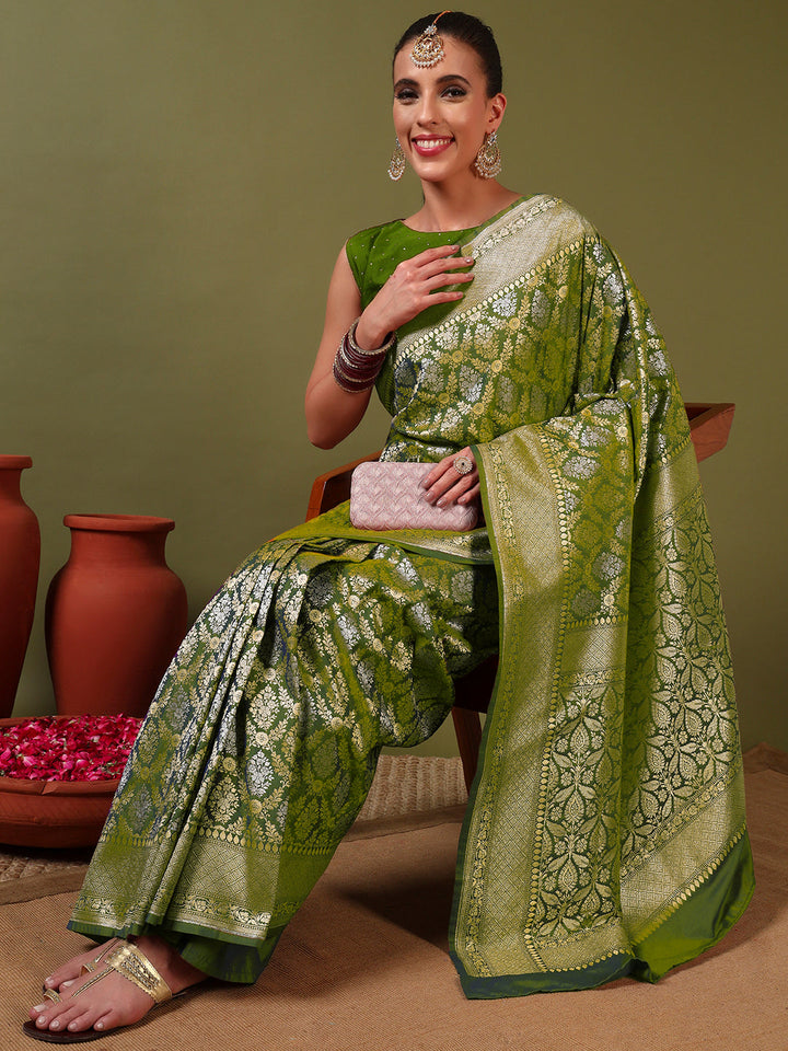 Traditional Banarasi Brocade Saree with Intricate Two-tone Gold Silver Zari woven Mughal Motifs