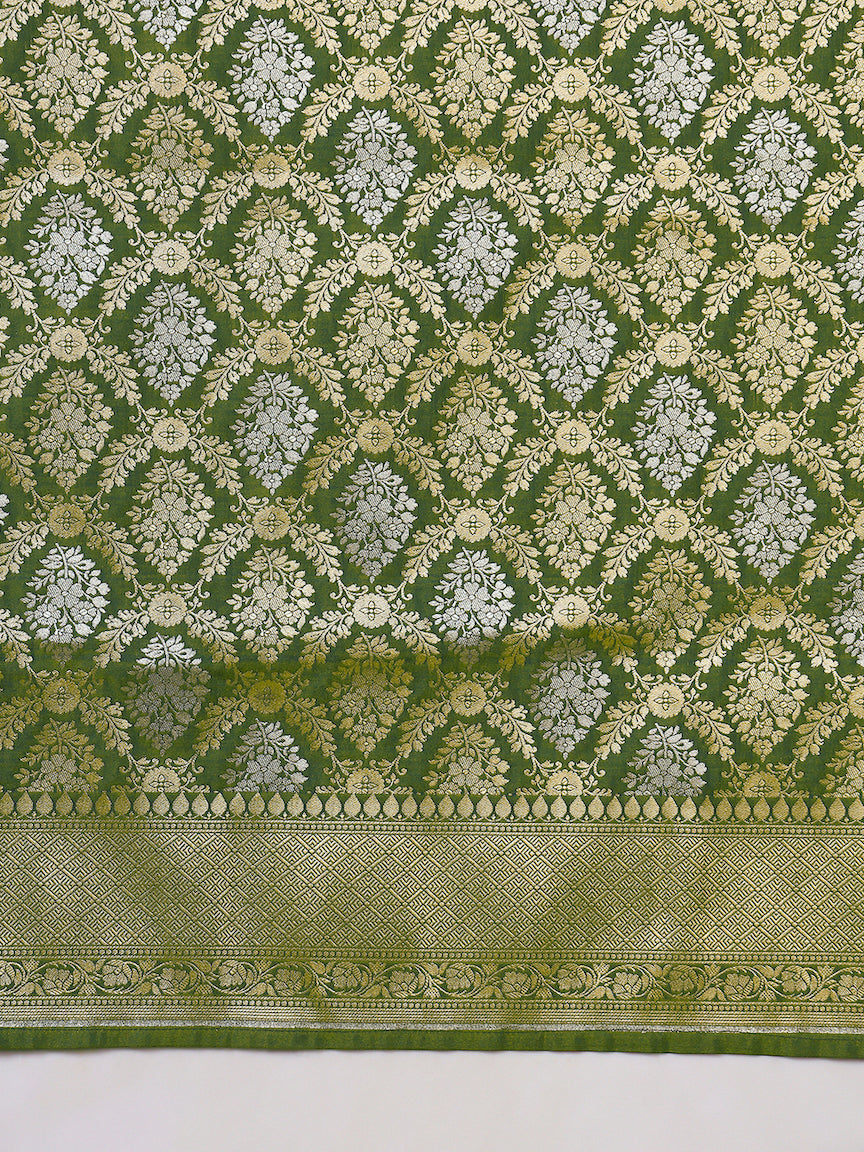 Traditional Banarasi Brocade Saree with Intricate Two-tone Gold Silver Zari woven Mughal Motifs
