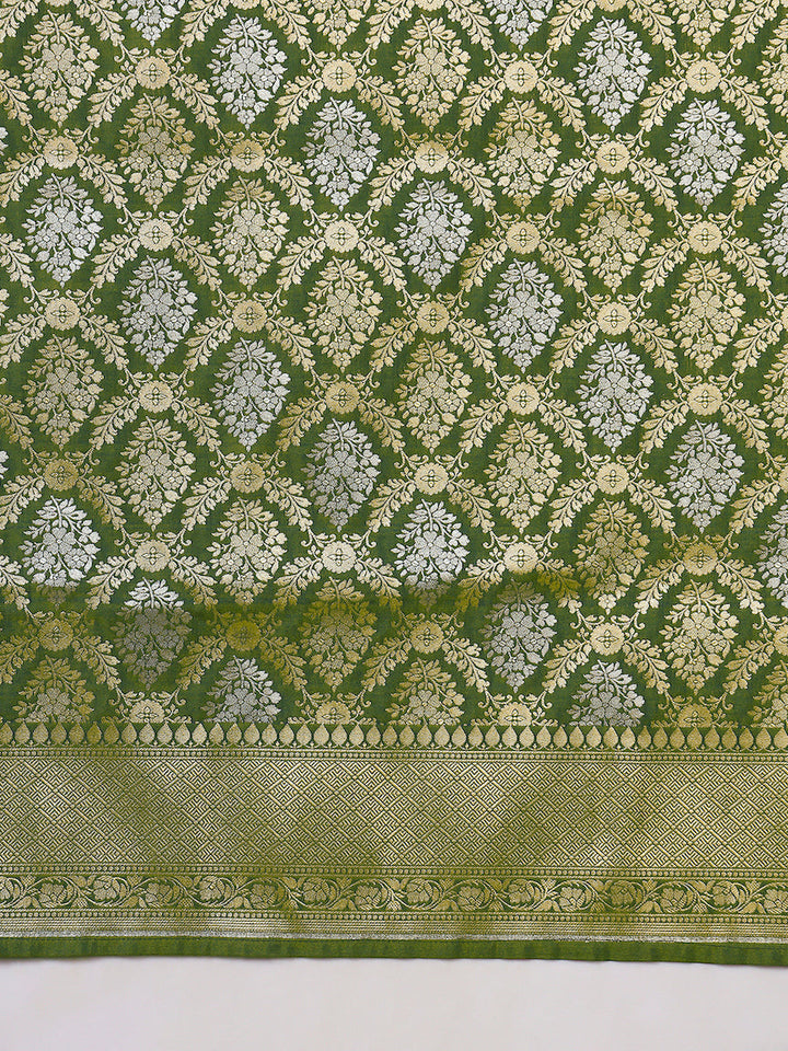 Traditional Banarasi Brocade Saree with Intricate Two-tone Gold Silver Zari woven Mughal Motifs