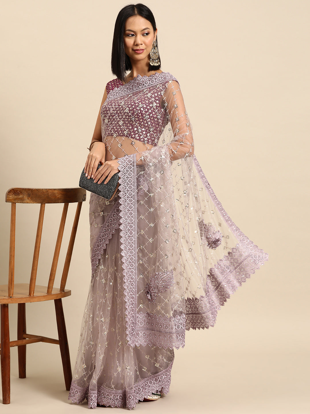 Mauve Sequences Embellished Net Summer Saree With Cutwork Border