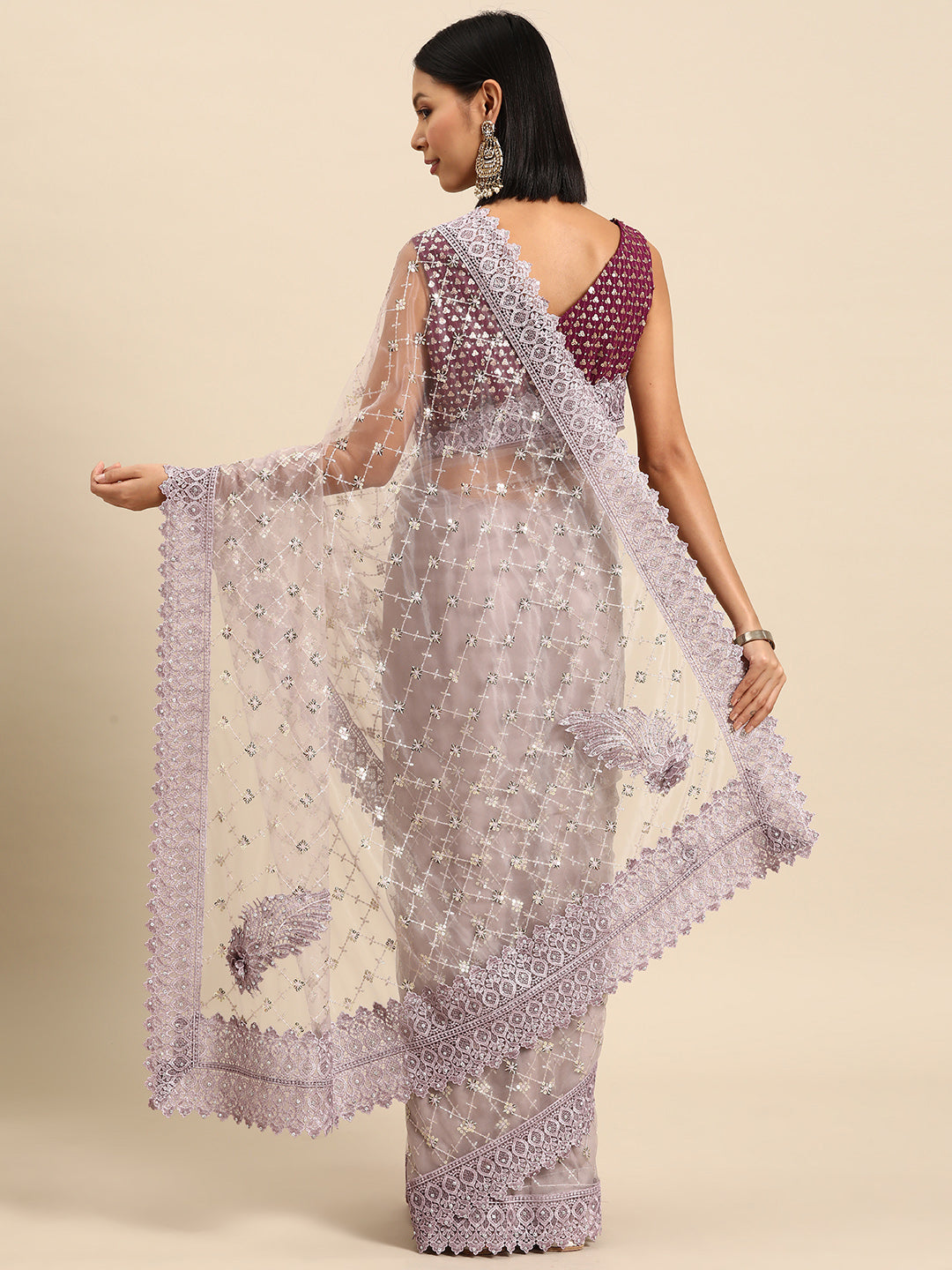 Mauve Sequences Embellished Net Summer Saree With Cutwork Border