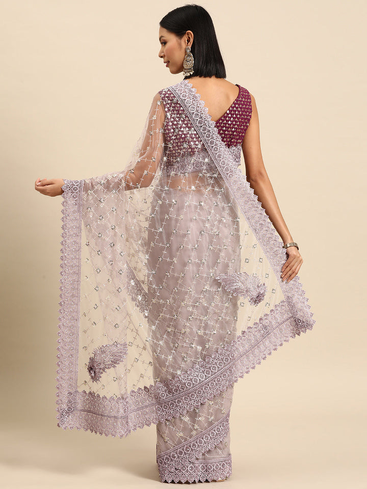 Mauve Sequences Embellished Net Summer Saree With Cutwork Border