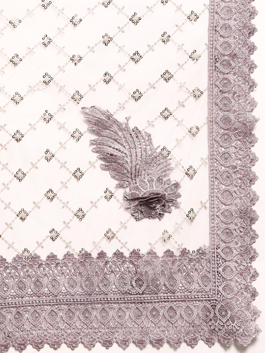 Mauve Sequences Embellished Net Summer Saree With Cutwork Border