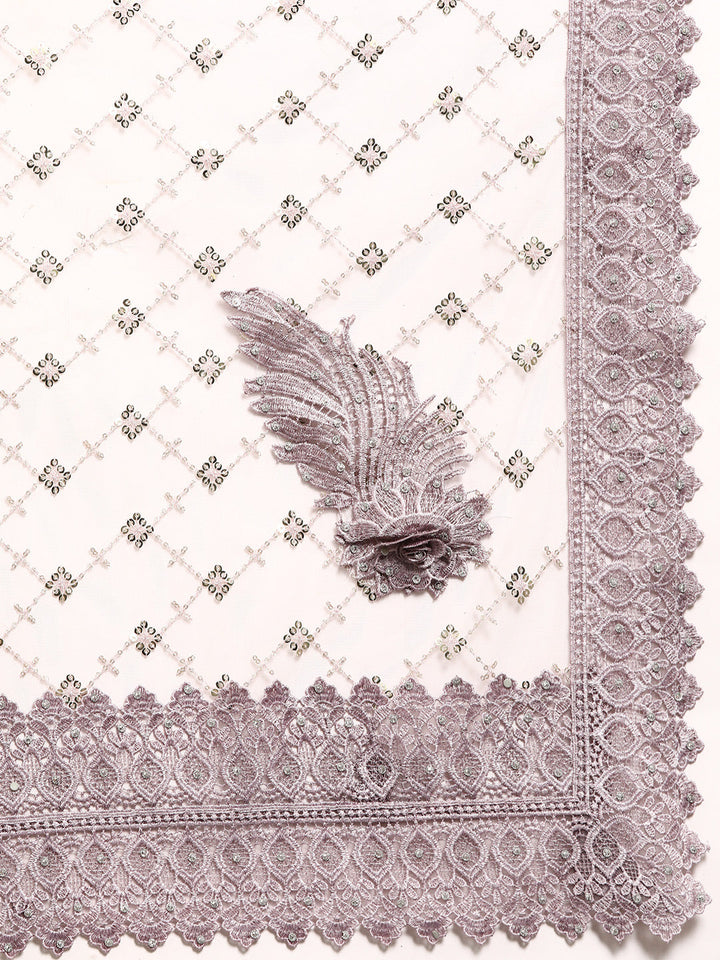 Mauve Sequences Embellished Net Summer Saree With Cutwork Border