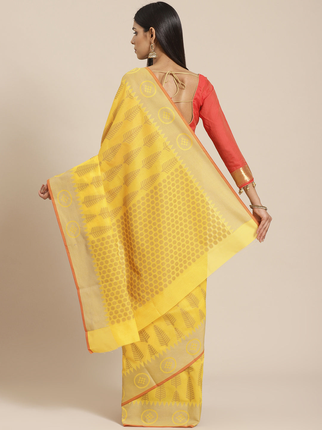 Handloom Chanderi Saree with Tropical woven patterns and a Temple style border