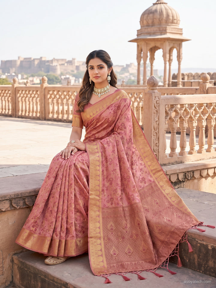 Peach Floral Woven Silk Saree with Golden Zari Border