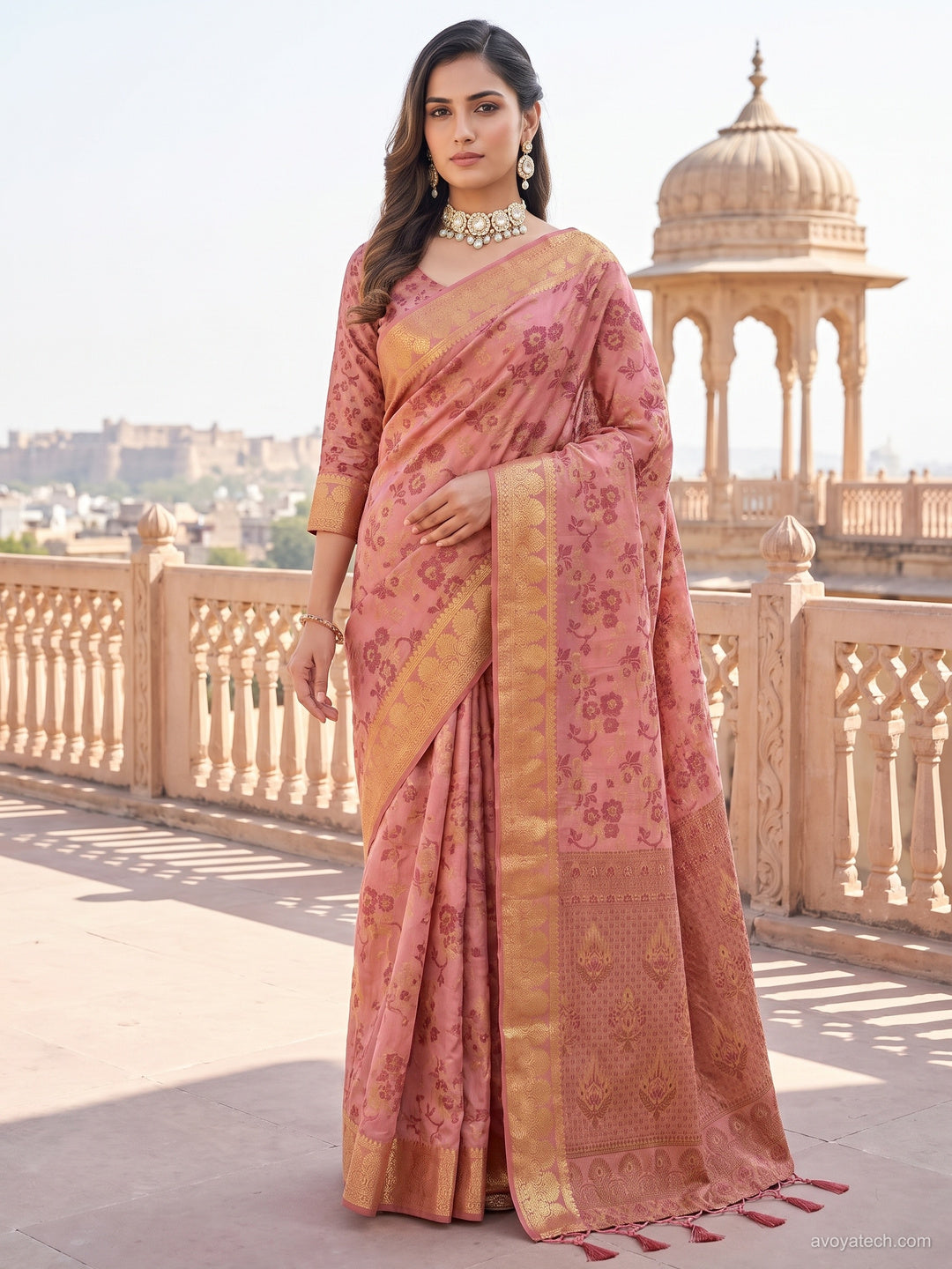 Peach Floral Woven Silk Saree with Golden Zari Border
