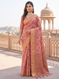 Peach Floral Woven Silk Saree with Golden Zari Border