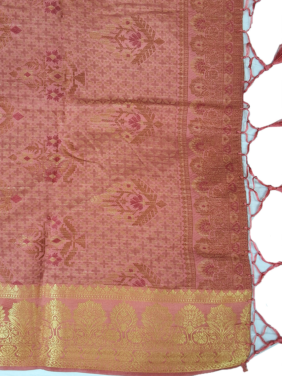 Peach Floral Woven Silk Saree with Golden Zari Border