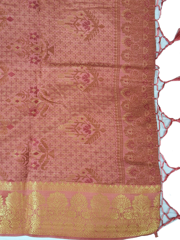 Peach Floral Woven Silk Saree with Golden Zari Border