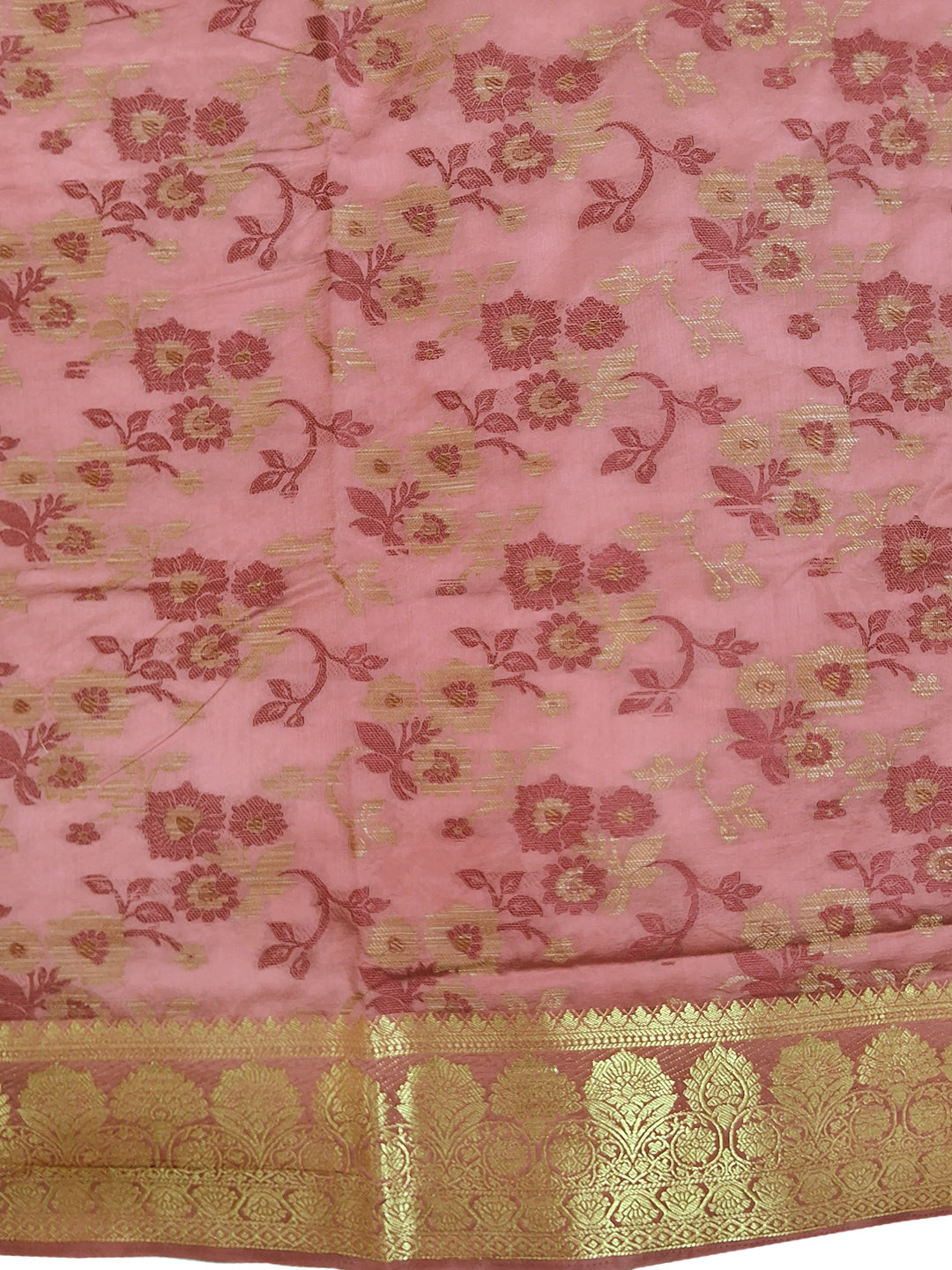 Peach Floral Woven Silk Saree with Golden Zari Border