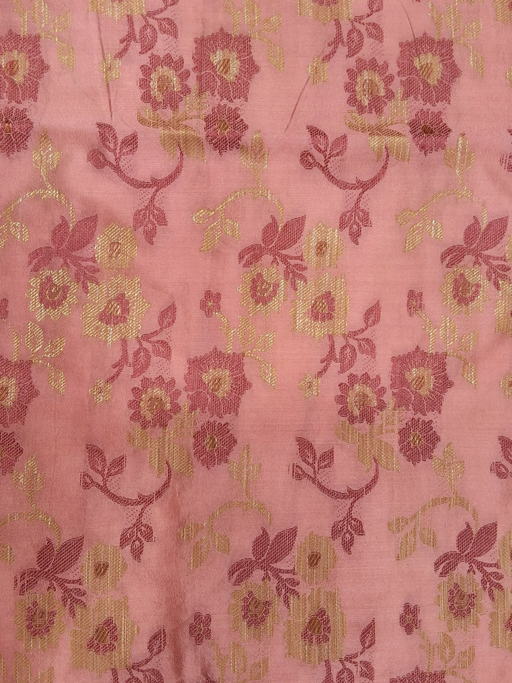 Peach Floral Woven Silk Saree with Golden Zari Border