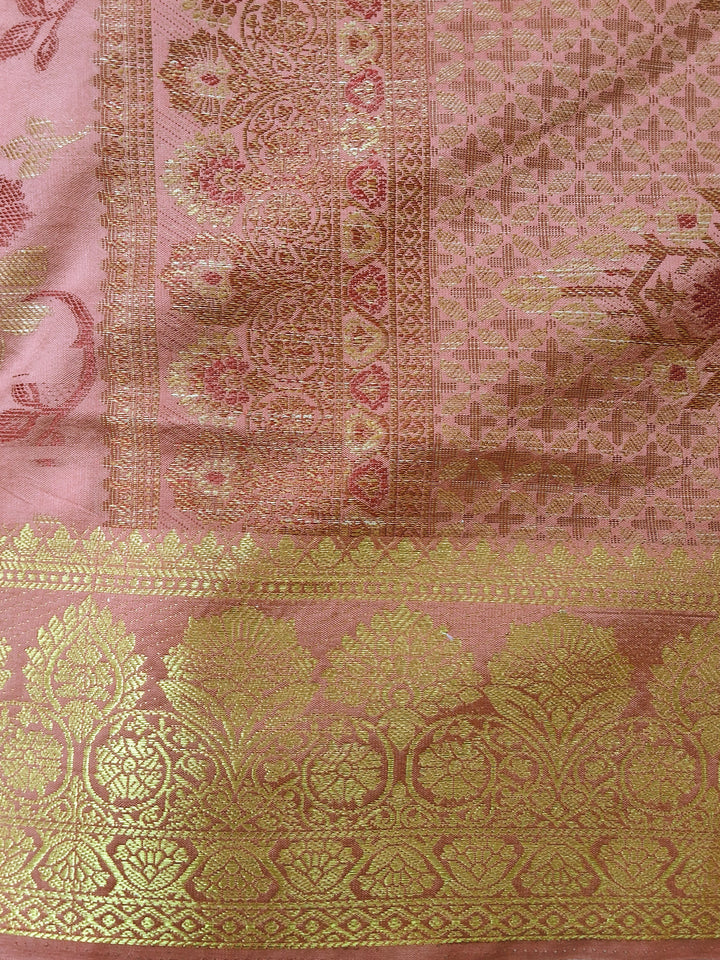 Peach Floral Woven Silk Saree with Golden Zari Border