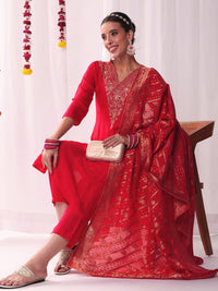 Aari and Resham Embroidered Kurta Set with Handloom Woven Leheriya Dupatta & Pants