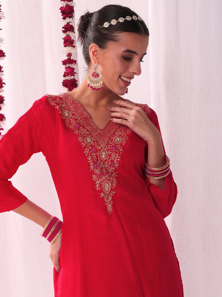 Aari and Resham Embroidered Kurta Set with Handloom Woven Leheriya Dupatta & Pants
