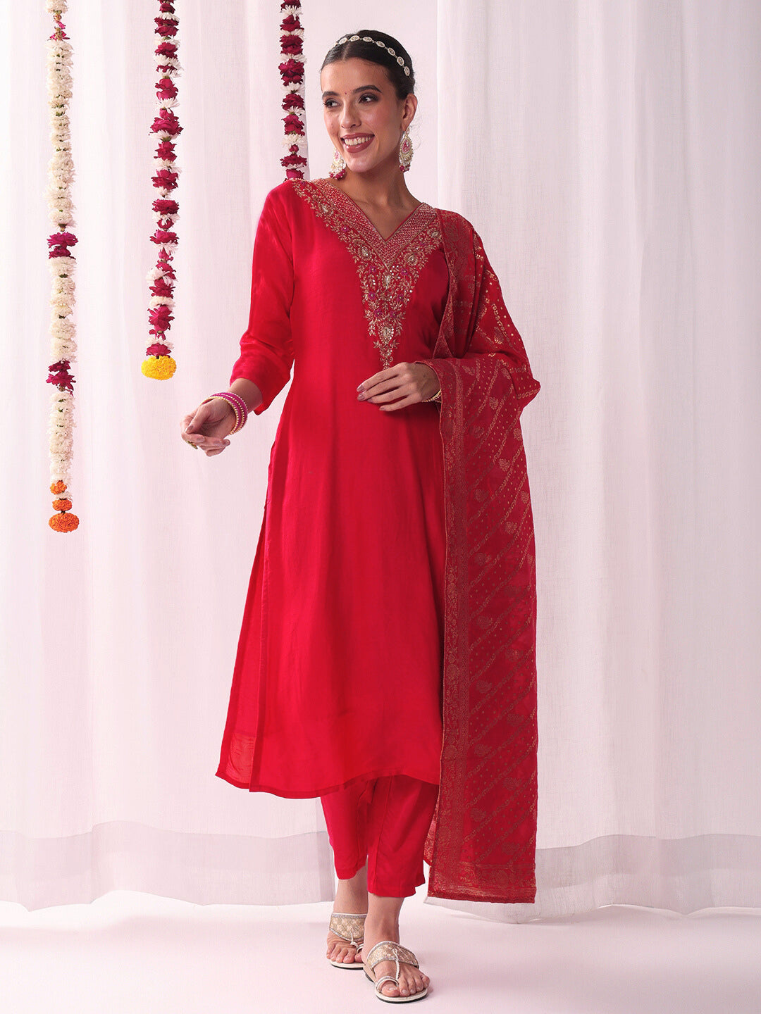 Aari and Resham Embroidered Kurta Set with Handloom Woven Leheriya Dupatta & Pants