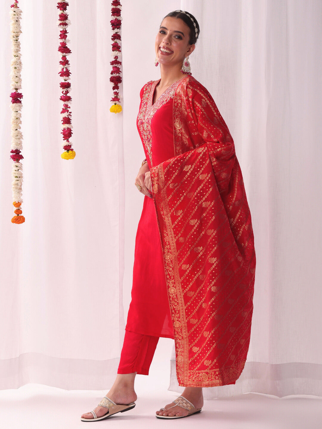 Aari and Resham Embroidered Kurta Set with Handloom Woven Leheriya Dupatta & Pants