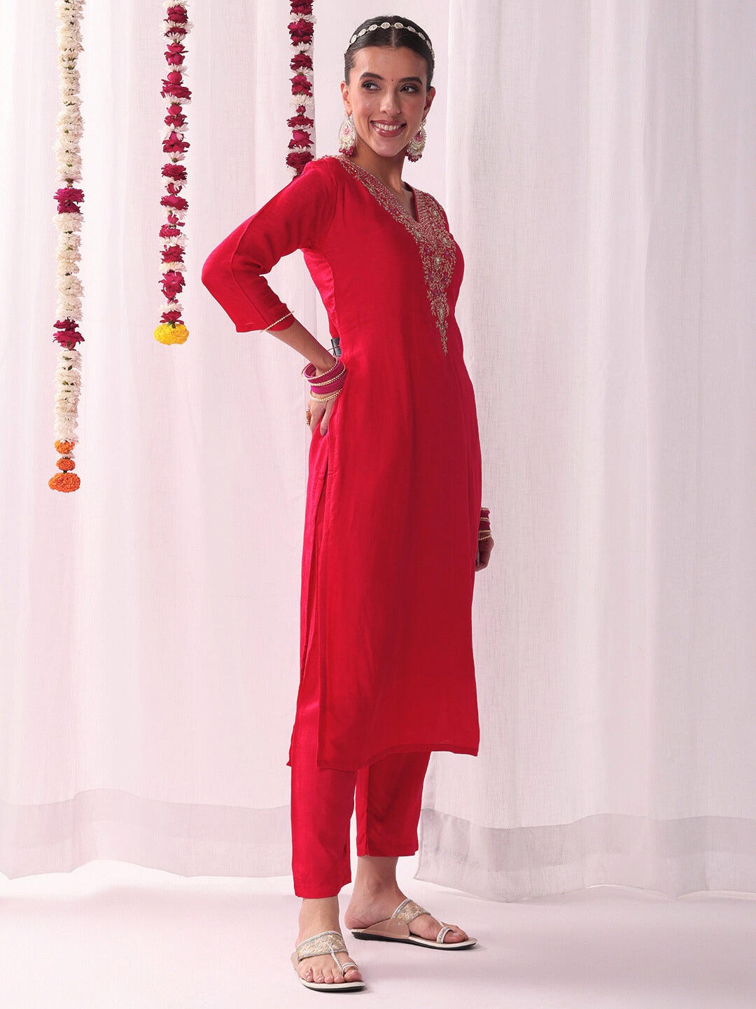 Aari and Resham Embroidered Kurta Set with Handloom Woven Leheriya Dupatta & Pants