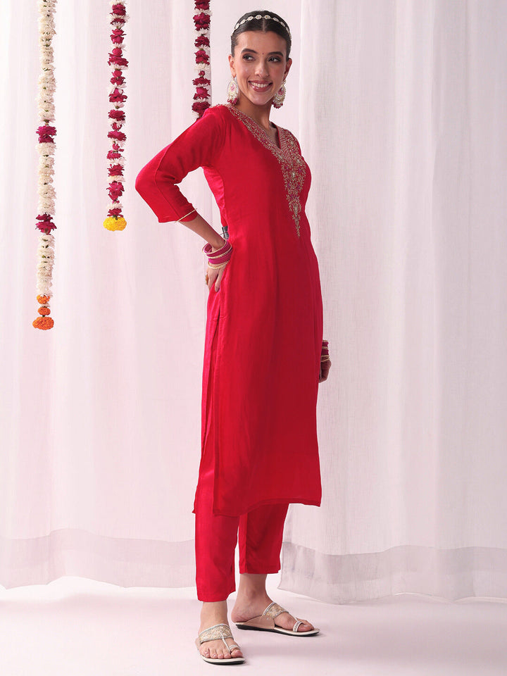 Aari and Resham Embroidered Kurta Set with Handloom Woven Leheriya Dupatta & Pants