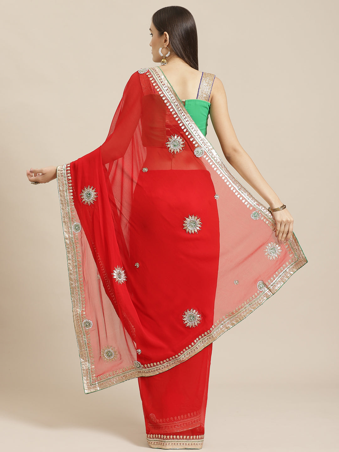 Red Jaipuri Georgette Saree with Gota Patti Embroidery & Green Contrast Blouse