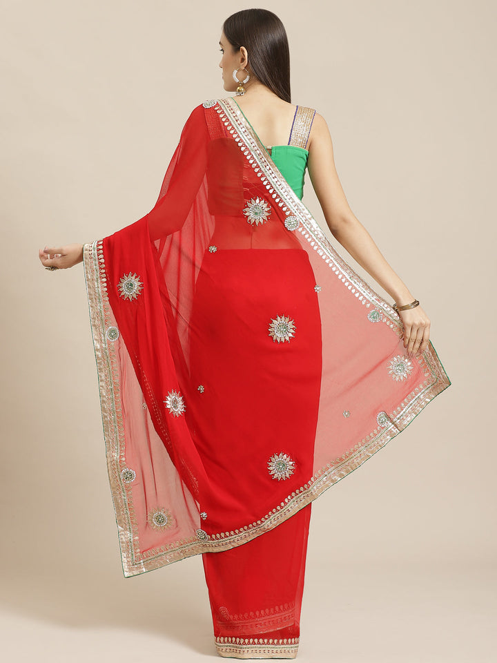 Red Jaipuri Georgette Saree with Gota Patti Embroidery & Green Contrast Blouse