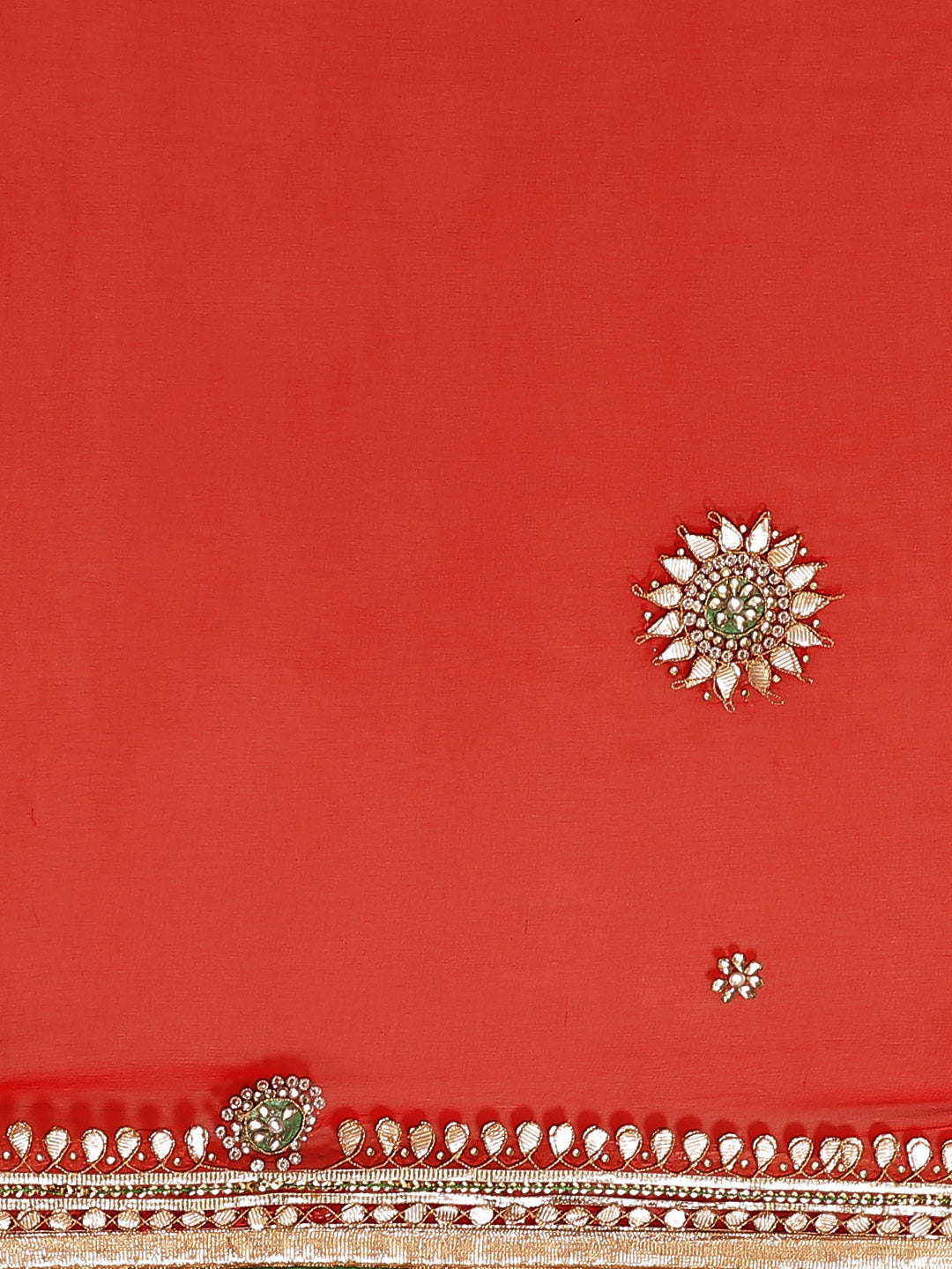 Red Jaipuri Georgette Saree with Gota Patti Embroidery & Green Contrast Blouse