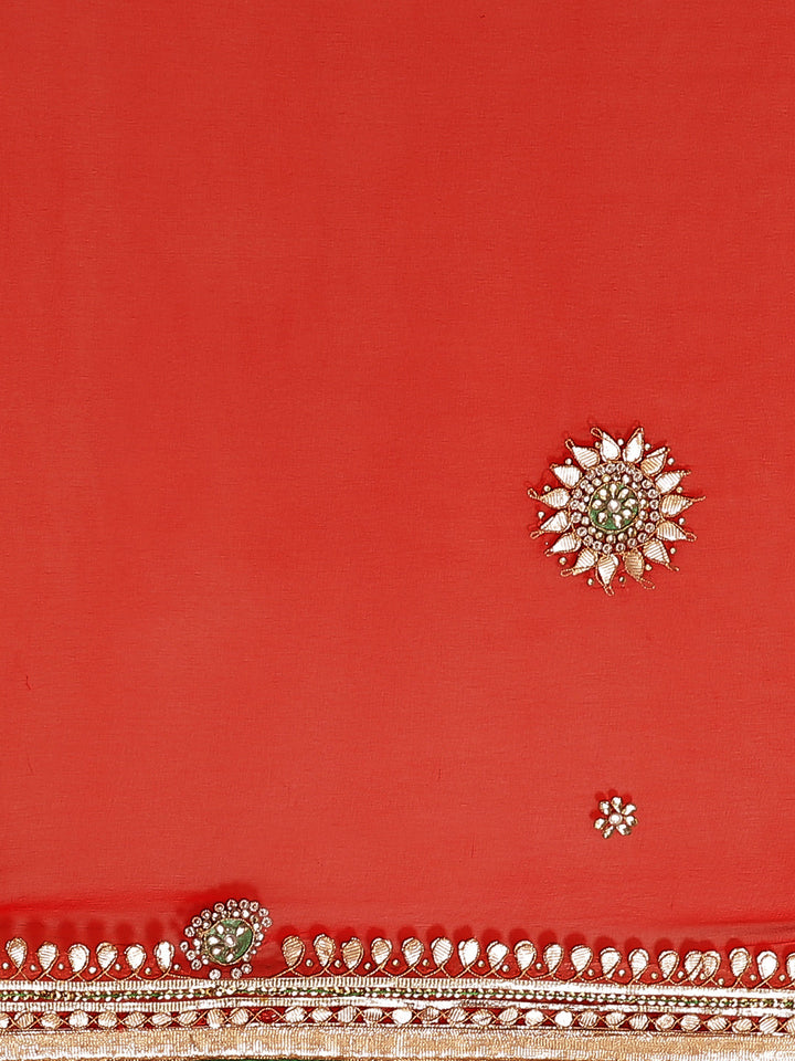 Red Jaipuri Georgette Saree with Gota Patti Embroidery & Green Contrast Blouse