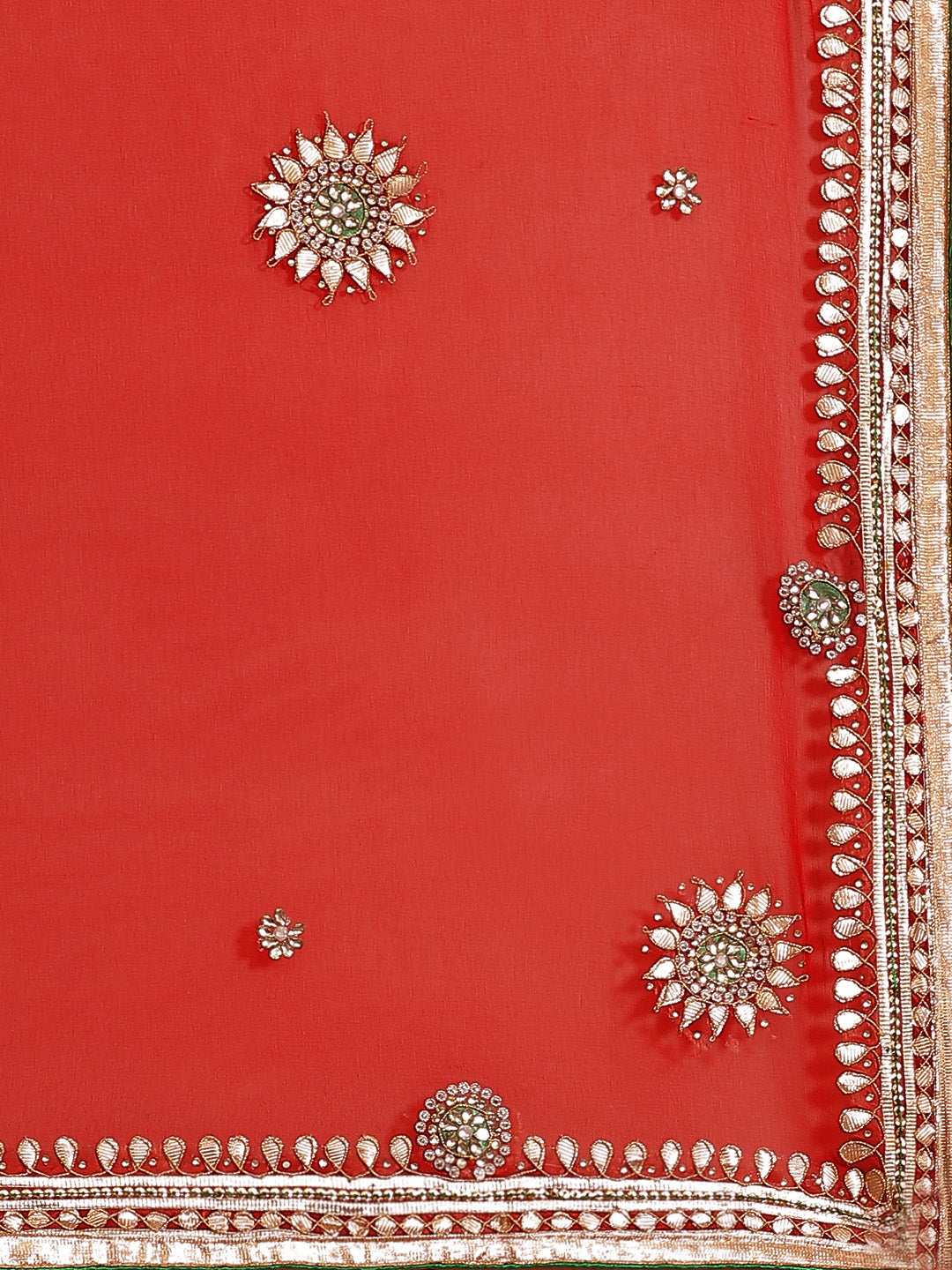 Red Jaipuri Georgette Saree with Gota Patti Embroidery & Green Contrast Blouse