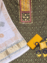 Chhabra 555 Bandhani Mirror Work Suit with Ajrak Block Print Dupatta & Resham Embroidered Flowers