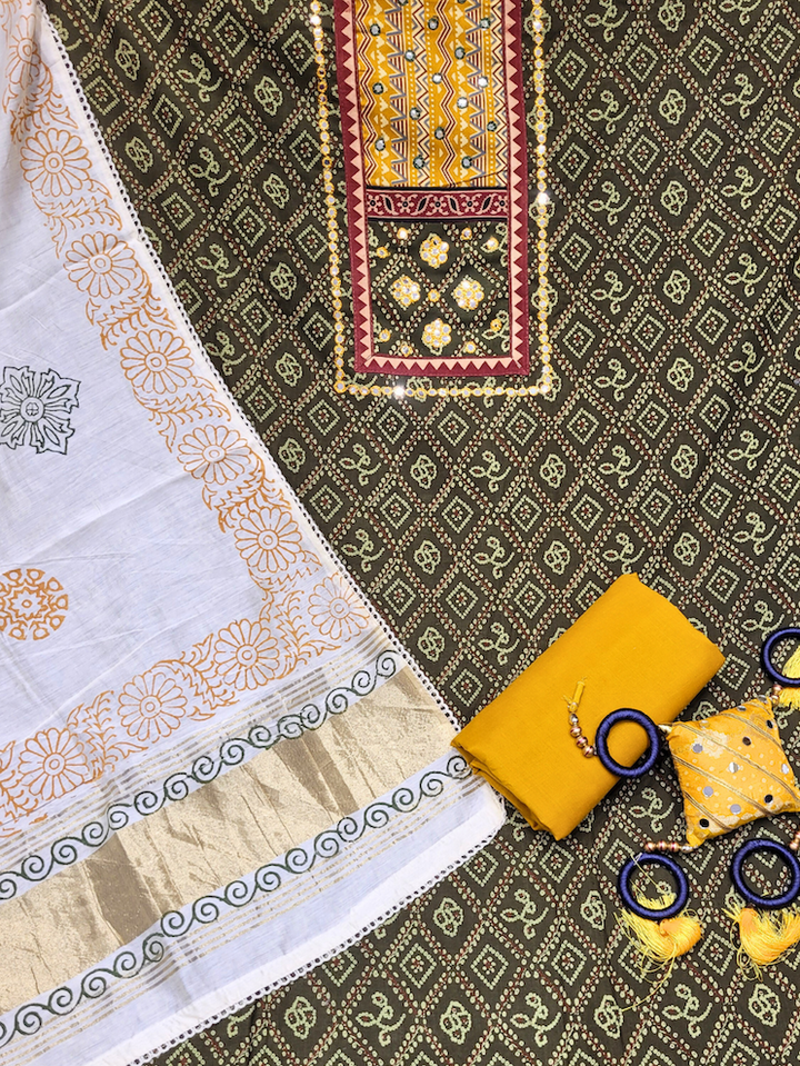 Chhabra 555 Bandhani Mirror Work Suit with Ajrak Block Print Dupatta & Resham Embroidered Flowers