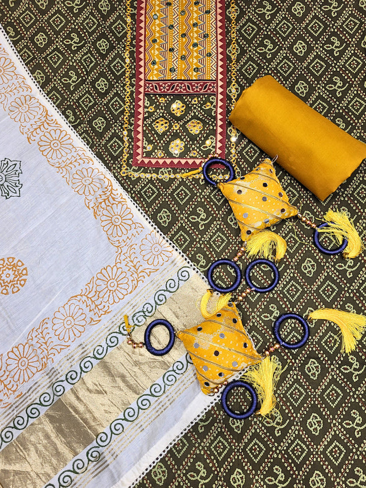Bandhani Mirror Work Suit with Ajrak Block Print Dupatta & Resham Embroidered Flowers