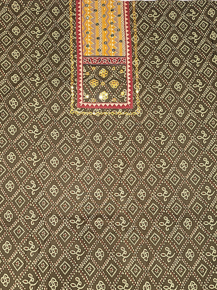 Bandhani Mirror Work Suit with Ajrak Block Print Dupatta & Resham Embroidered Flowers