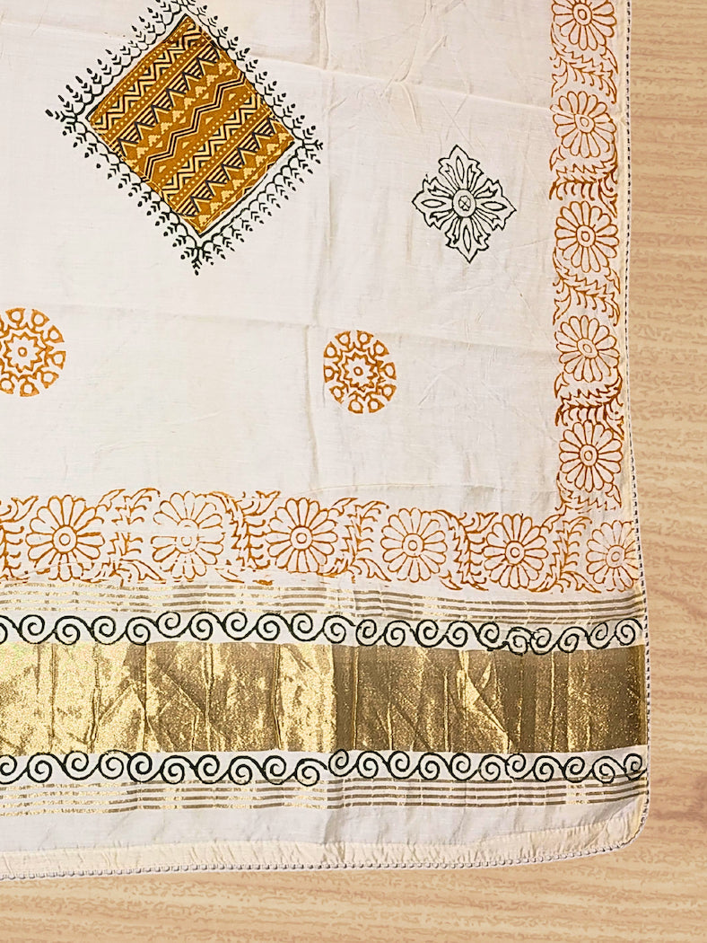 Bandhani Mirror Work Suit with Ajrak Block Print Dupatta & Resham Embroidered Flowers
