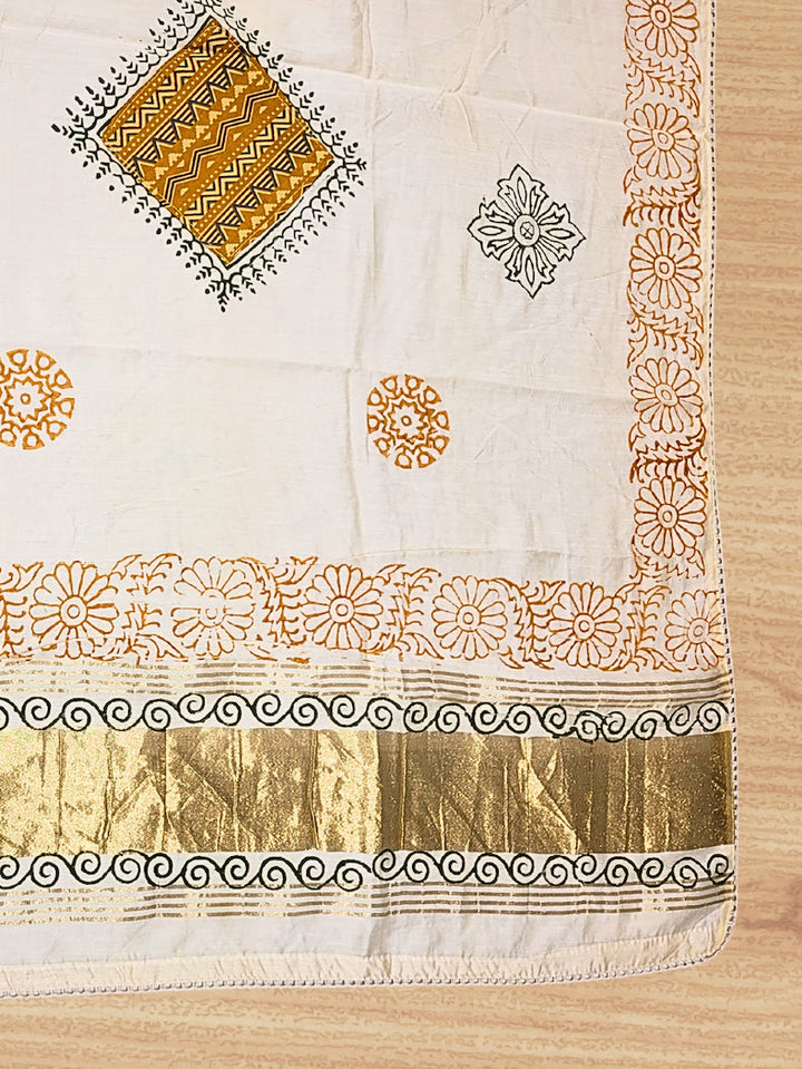 Bandhani Mirror Work Suit with Ajrak Block Print Dupatta & Resham Embroidered Flowers
