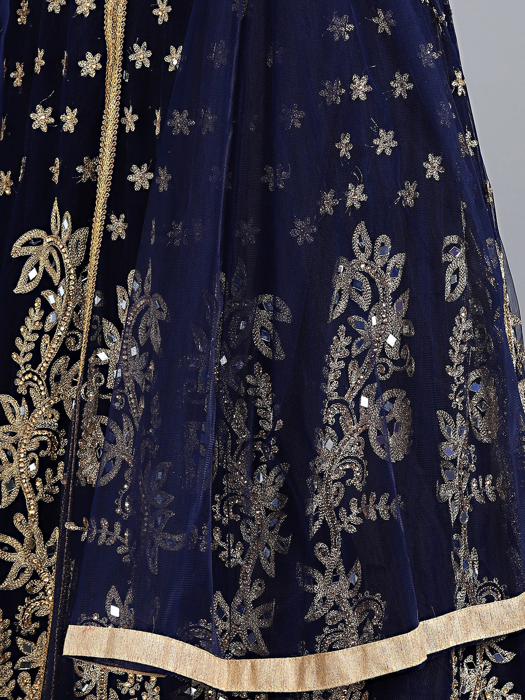 Layered Embroidered Gown with Mirror Embellishments