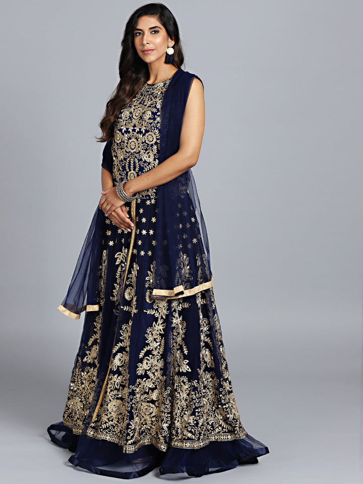 Layered Embroidered Gown with Mirror Embellishments