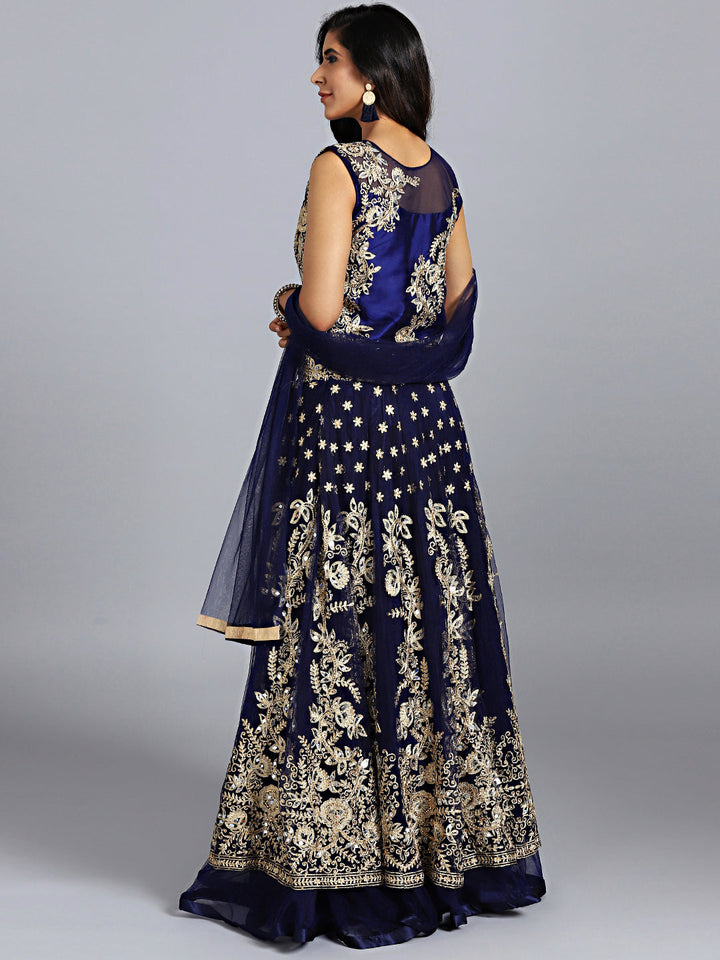 Layered Embroidered Gown with Mirror Embellishments