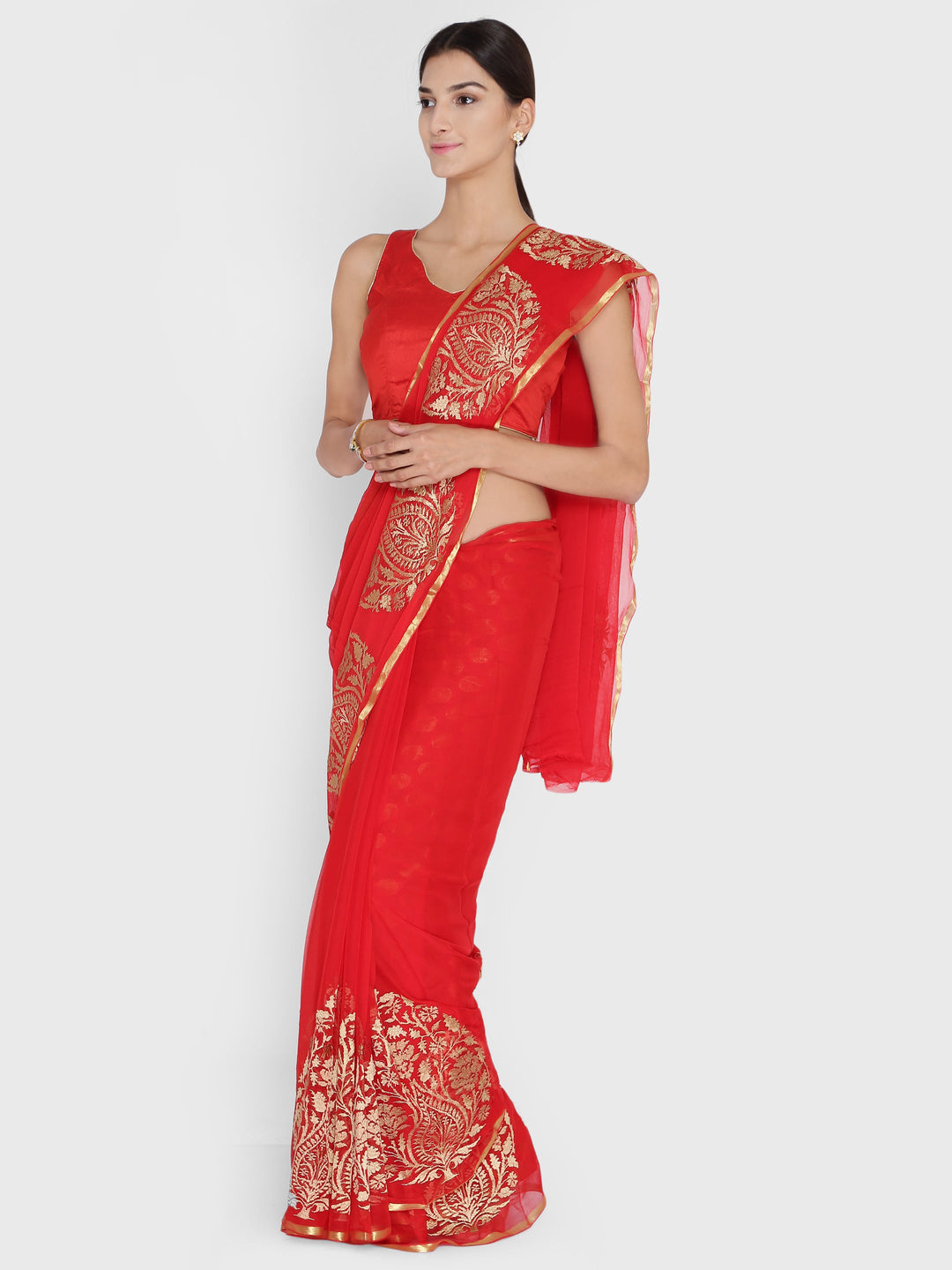 Red Chiffon Light Weight Saree with Resham Embroidered Tropical Motifs