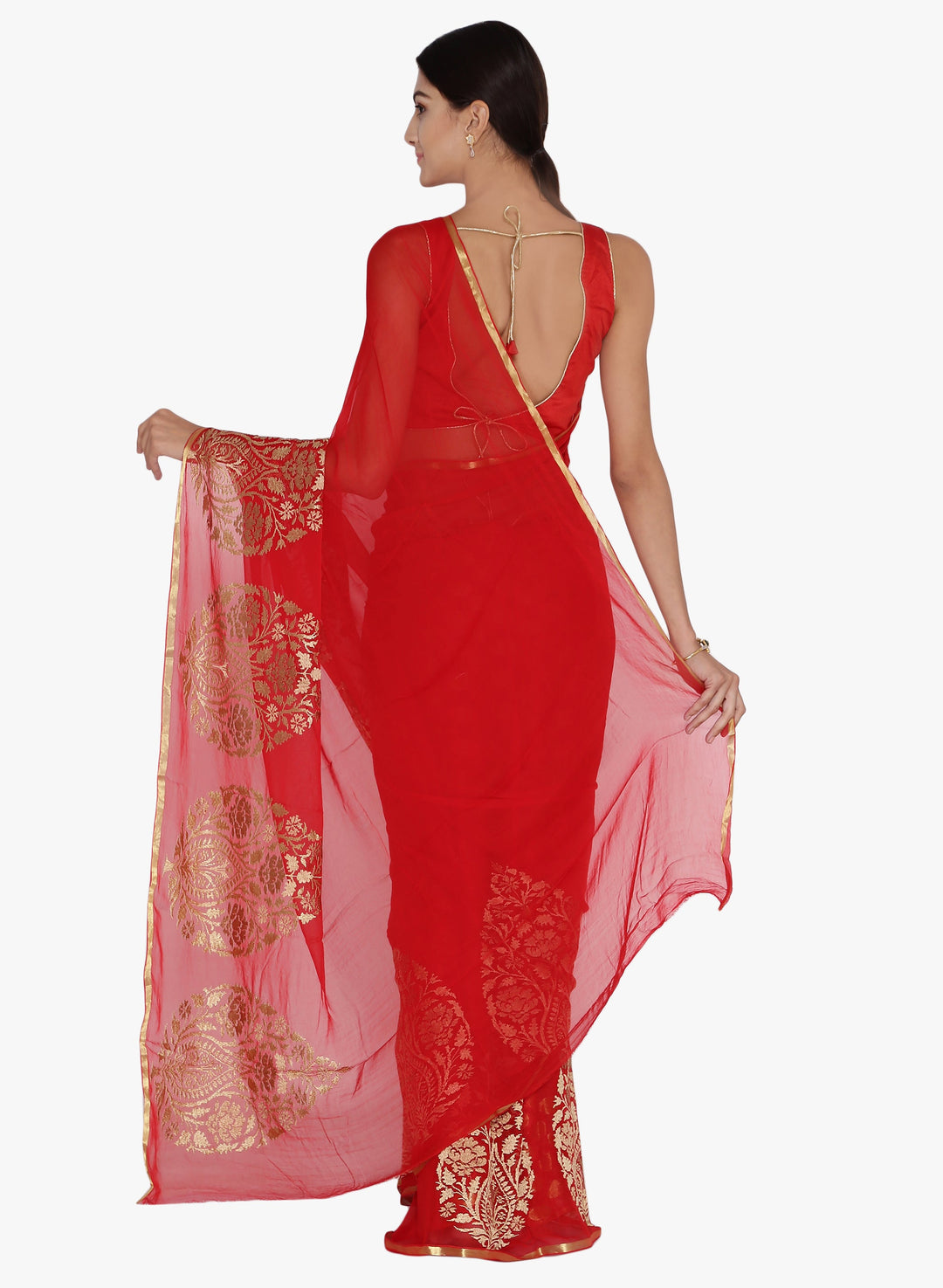 Red Chiffon Light Weight Saree with Resham Embroidered Tropical Motifs