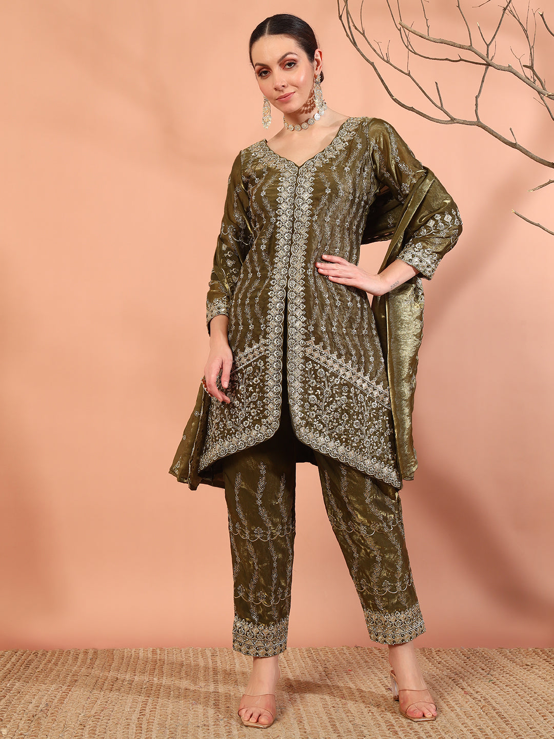 Chhabra 555 Olive Green Beads & Sequin Embellished Jacket Kurta Pant Set with Embroidery Dupatta